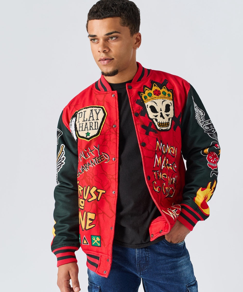 Work Hard Chenille Patched Varsity Jacket - Red