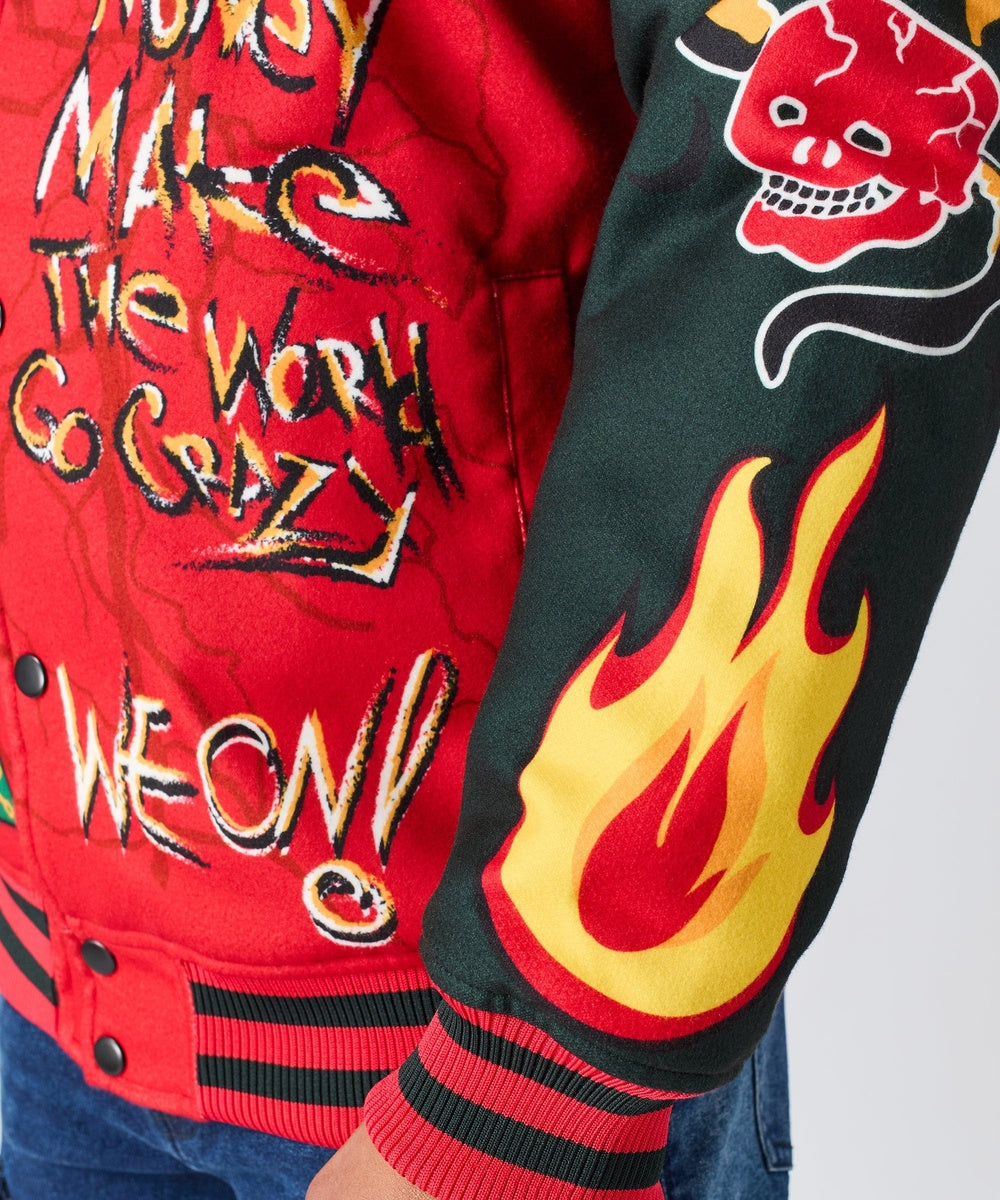 Work Hard Chenille Patched Varsity Jacket - Red