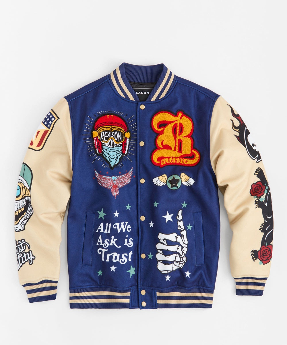 Born Free Chenille Patched Varsity Jacket - Navy