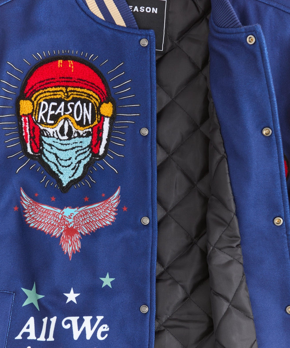 Born Free Chenille Patched Varsity Jacket - Navy