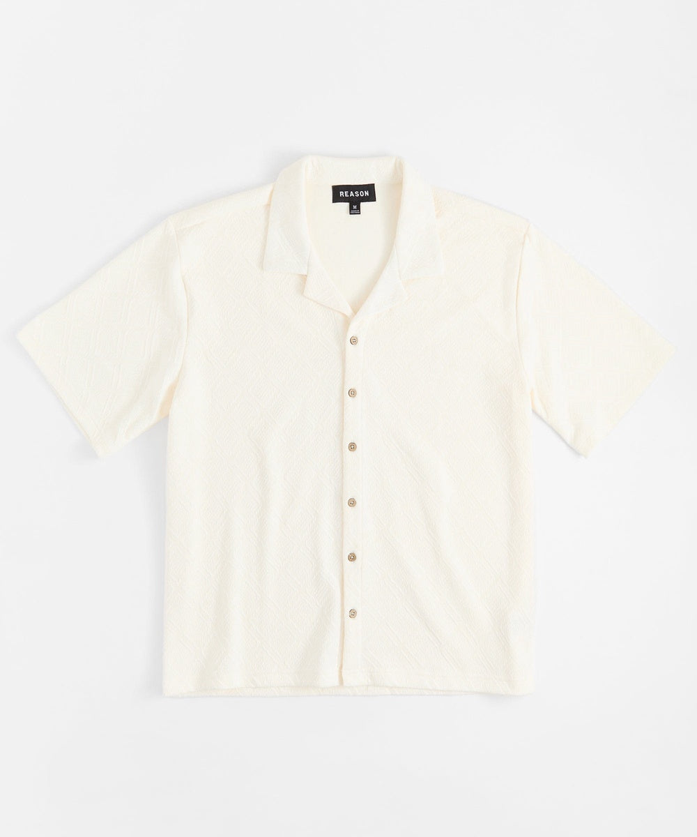 Textured Knit Short Sleeve Button Down Shirt - Light Beige