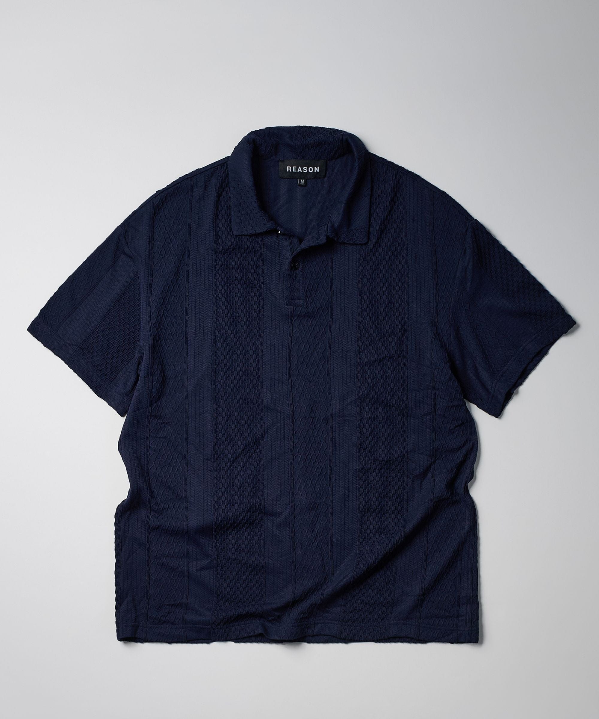 Jacquard Knit Textured Polo Shirt - Navy